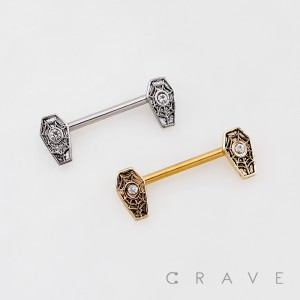 COFFIN-SHAPED ENDS WITH A SPIDER WEB PATTERN 316L SURGICAL STEEL NIPPLE RING